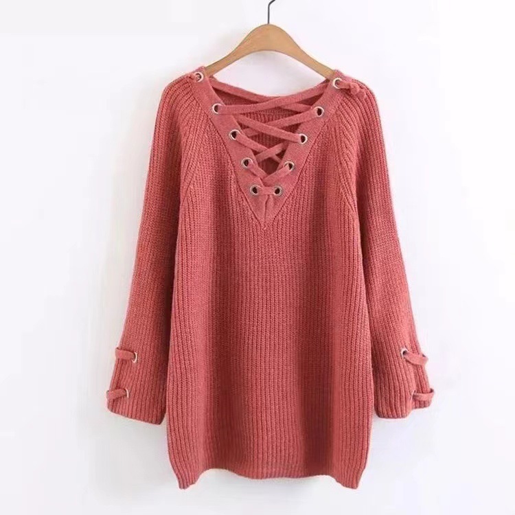 New streetwear fashion women's sexy chest cross thick strap loose mid length knit sweater dongdumaoyi