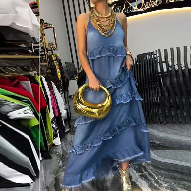 Summer Patchwork V-neck Denim Pullover Dress Elegant Women Layered Ruffle Party Dress Retro Sleeveless Jeans Long Dress 240810