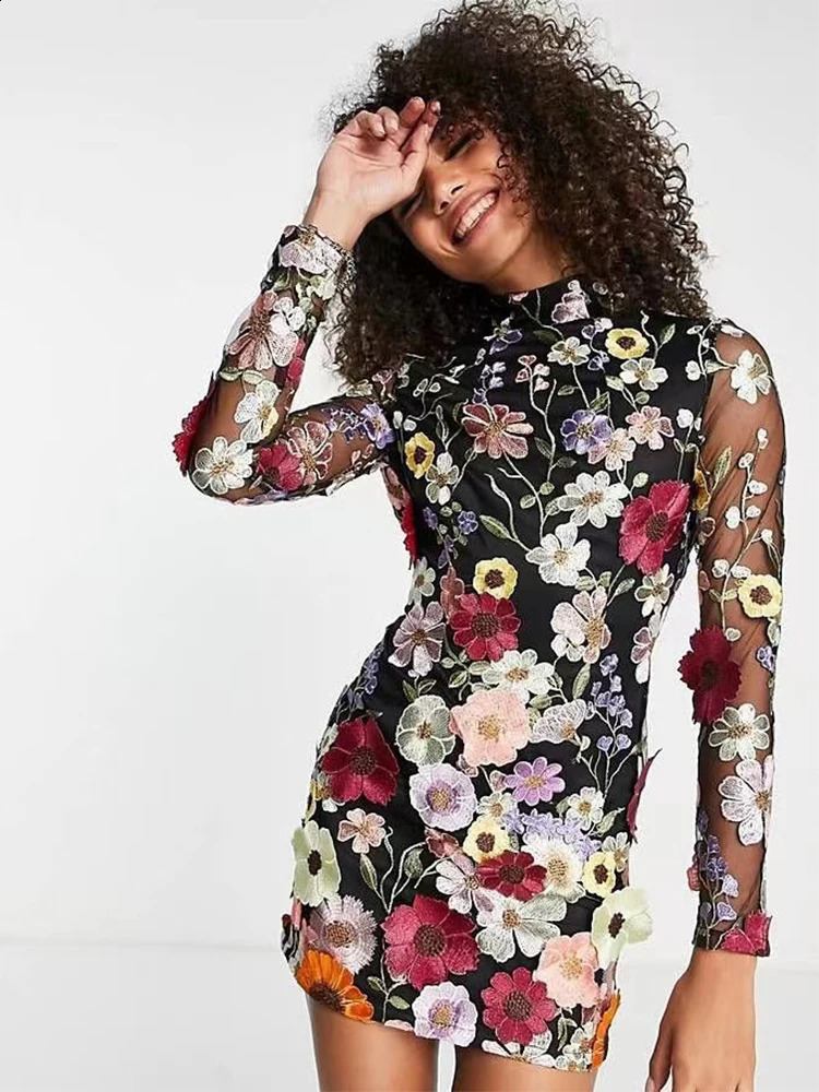 Eshin Floral Dress Women Autumn Embroidery 3D Flowers Long Sleeve Evening Party Lady Mini Dresses Half High Collar TH7796 240810