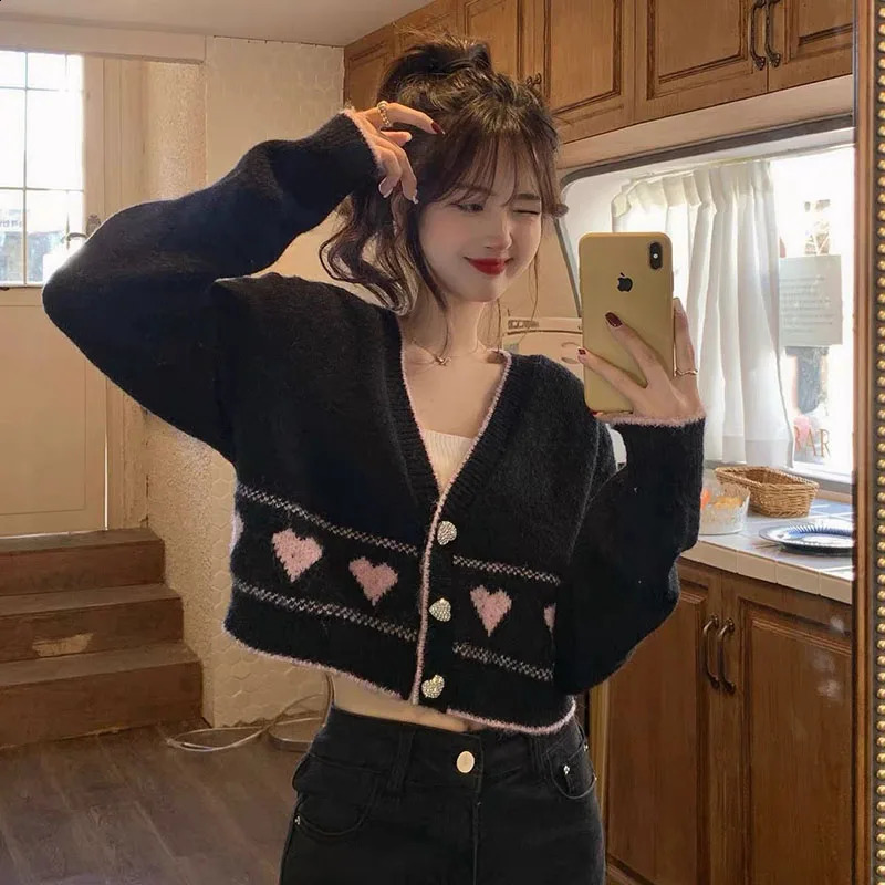 MEXZT Sweet Knitted Cardigan Women Korean Fashion Heart Button V Neck Print Sweater Coat Y2K Cute Loose Long Sleeve Crop Top 240809