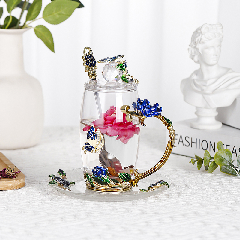 Rose coffee cup Round enamel color water cup high temperature resistant crystal glass light luxury transparent tea cup