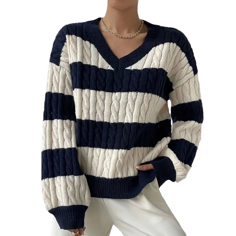 Autumn and Winter Sweater Womens Versatile Pullover V-neck Long Sleeve Fried Dough Twists Stripe Contrast Knit