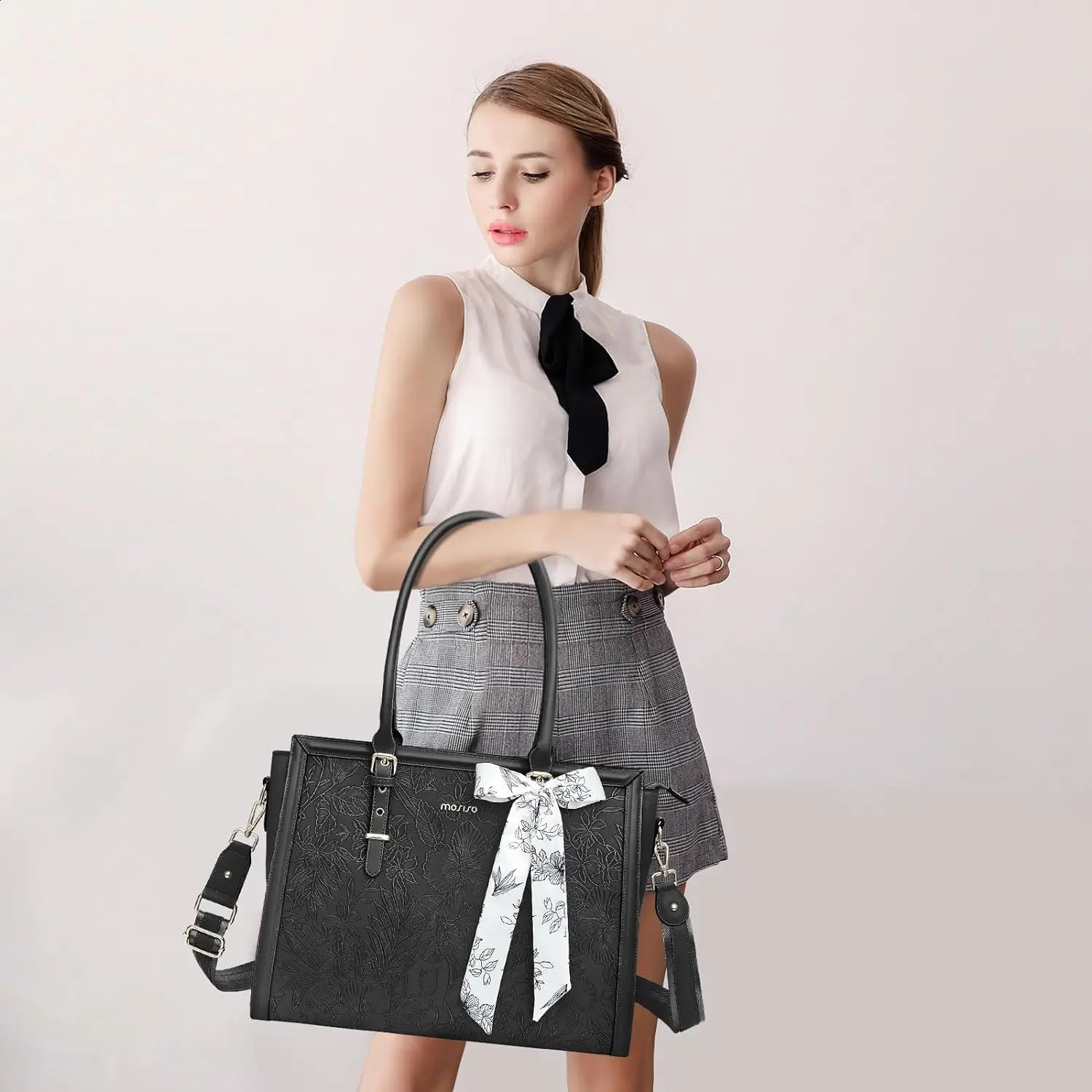 PU Leather Tote Bag 15 16 173 inch for Women MacBoo M3 HP Dell Asus Notebook Front Embossed Retro Hibiscus Computer Laptop 240809