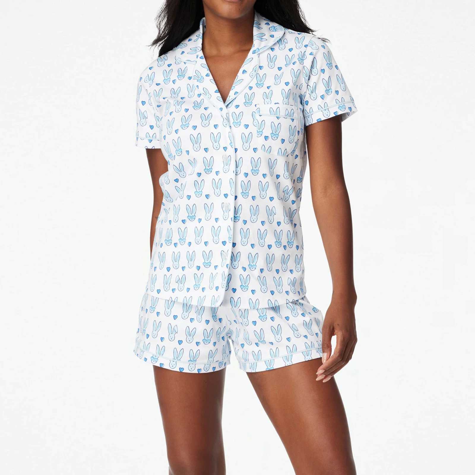 Womens Sleepwear Womens Cute Roller Rabbit Pajama Monkey Print Slep Womens Pajama Shorts Set 2-piece Short Sleve Pre made Matching Pj Set T240809