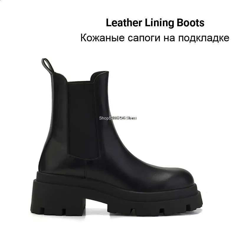 Fur Slip Warm Ankle For On Black Leather Chunky Heel Platform Boots Women Winter Shoes