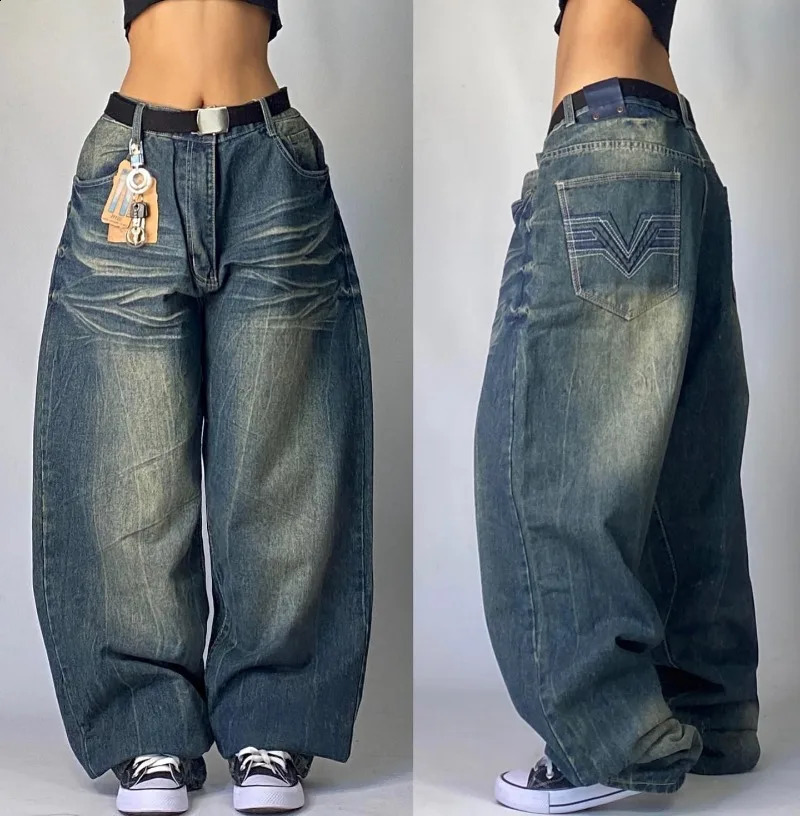 Harajuku Retro Big Tiger Head Embroidered Baggy Jeans Y2K Street Fashion Hip Hop Gothic Casual Joker Wideleg Pants y240828