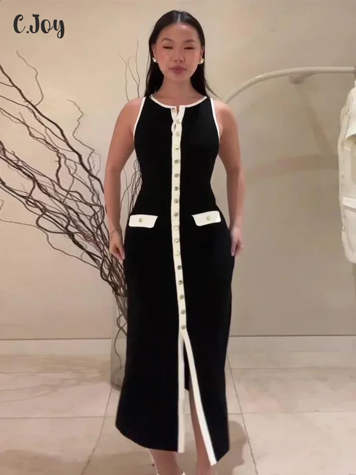 Fashionable Knitted Long Dress for Women Unique Comparison Sleeveless Single Chest ONeck Hip Set Womens Summer Robe 240809