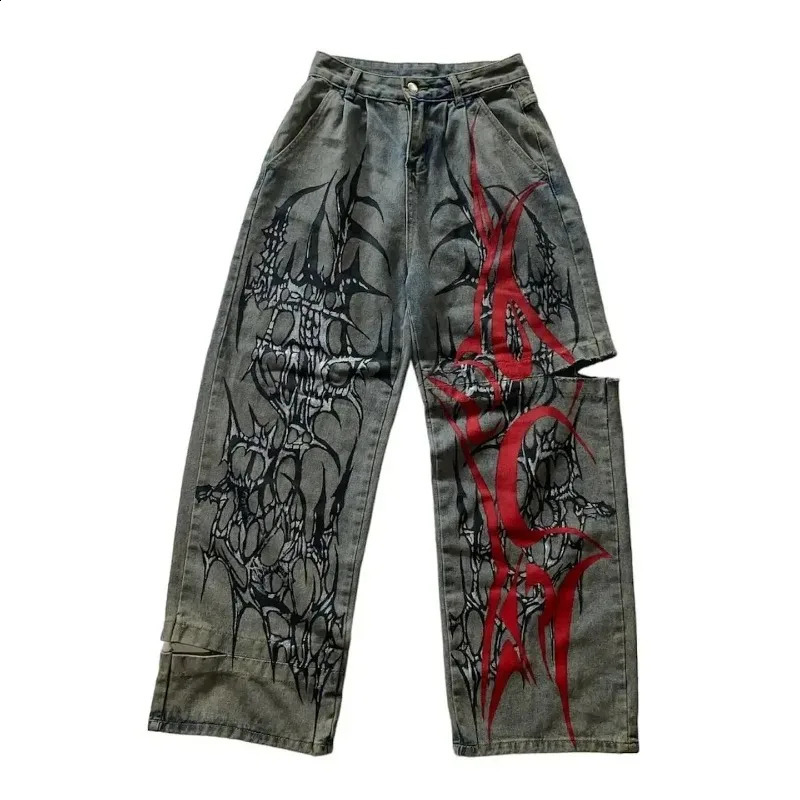 Harajuku Retro Big Tiger Head Embroidered Baggy Jeans Y2K Street Fashion Hip Hop Gothic Casual Joker Wideleg Pants y240828