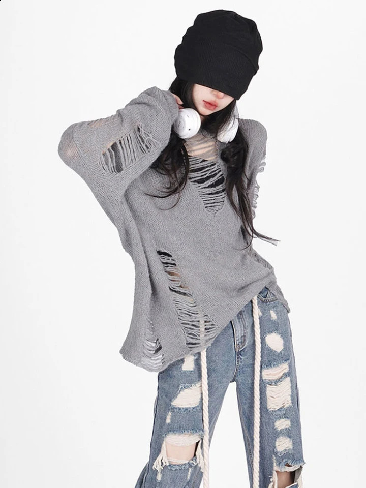 Zoki Hip Hop Hole Sweater Women Streetwear Hollow Out Y2K Jumpers American Retro Long Sleeve Lazy Wind Loose Harajuku Lady Tops 240812