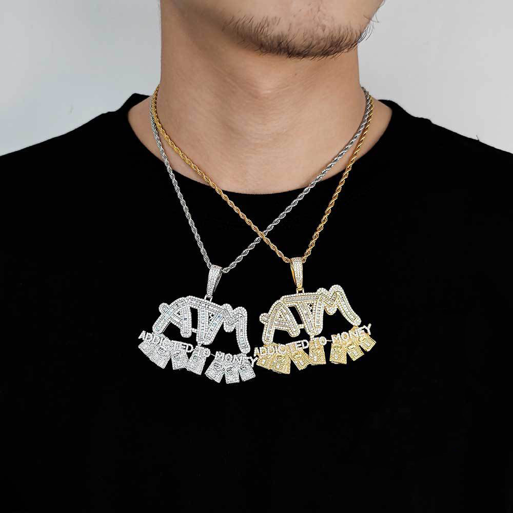Charm ATM Dollar Letters Pendants Necklace 18K Gold Plated Men T Zircon Rap Jewelry