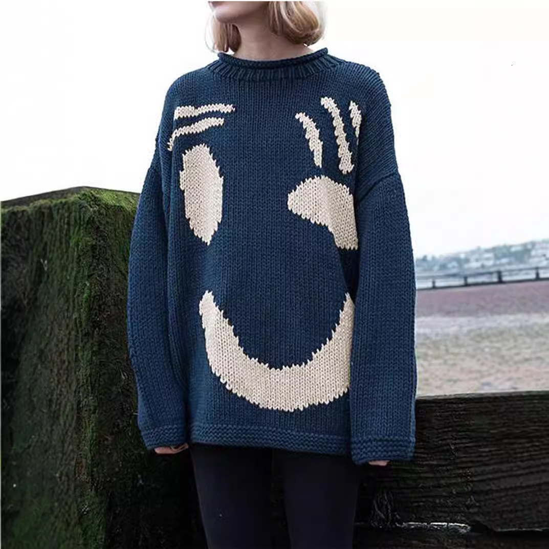 New Smiley Face Contrasting Color Loose Slimming Round Neck Knitted Sweater Womens Top
