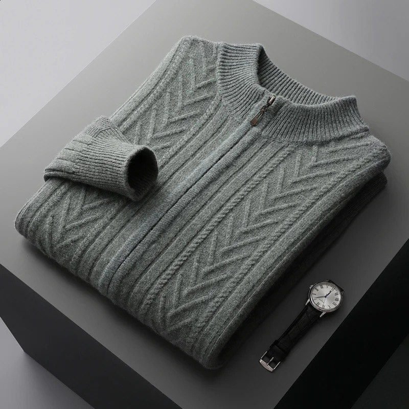 Autumn and winter 100% pure wool mens stand collar thickened cardigan cashmere sweater casual knitted plus size top w240824