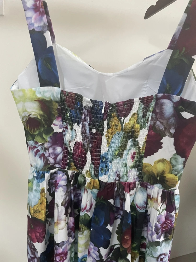 Summer Holiday Print Party Flower Dress Womens Cotton Padded Spaghetti Strap Zipper Elastic Backless Midi Boho Robe Vestidos 240810