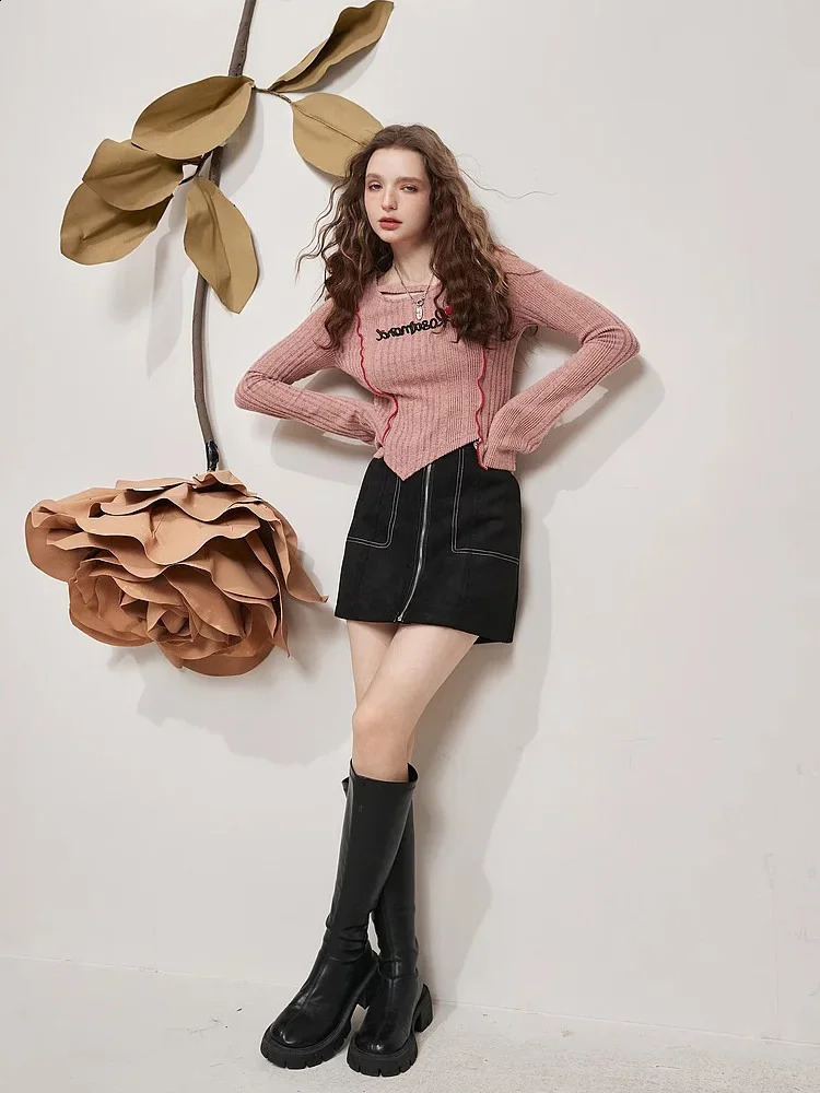 Womens Pink Pullover Knit Sweater Y2k Aesthetic Vintage Harajuku Elegant Long Sleeves Sweaters Fashion 2000s Clothes 240812