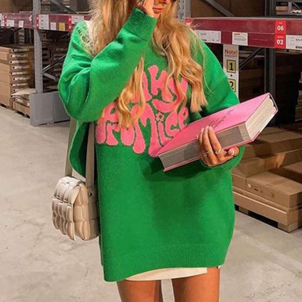 New 2024 Spring and Autumn Round Neck Long Sleeve Letter Pattern Jacquard Knitted Sweater Women's Hoodie dongdumaoyi