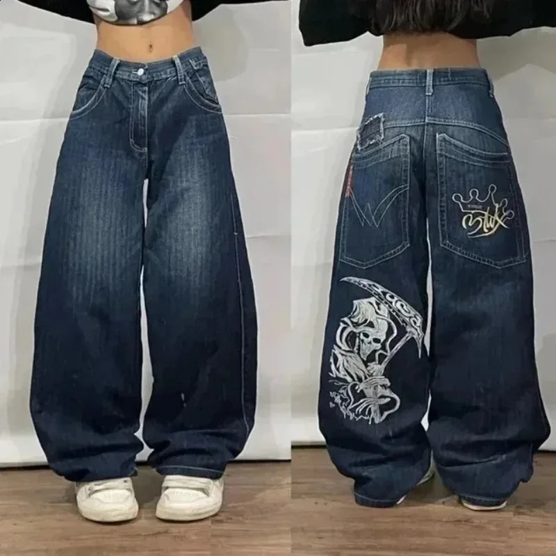 Harajuku Retro Big Tiger Head Embroidered Baggy Jeans Y2K Street Fashion Hip Hop Gothic Casual Joker Wideleg Pants y240828