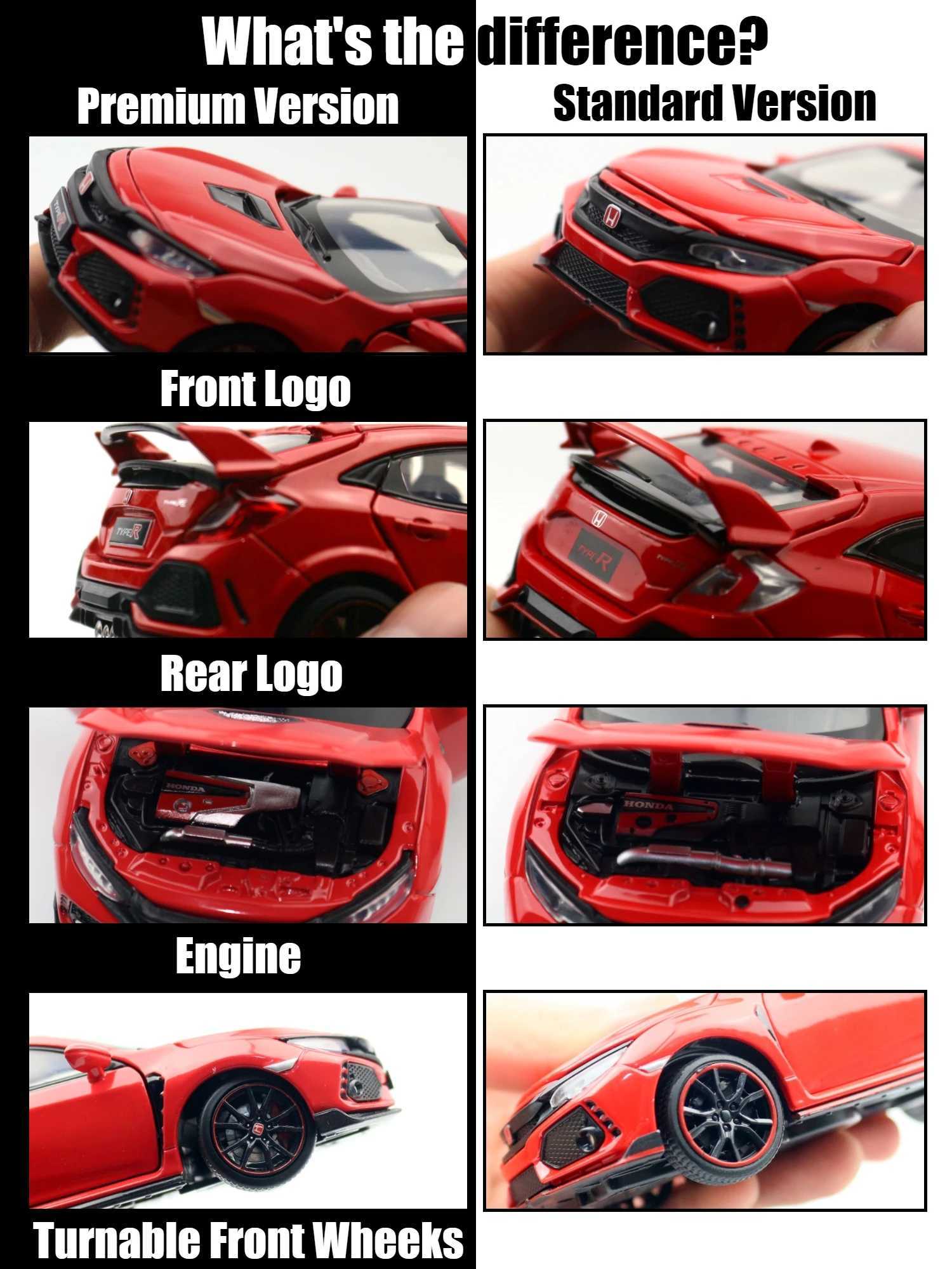 1/32 Honda Civic Type R Toy Car For Children Diecast Miniature Model Pull Back Doors Openable Sound Light Collection Gift Boys Y240809