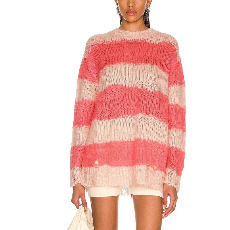Early Autumn Sweater New Long Sleeve Striped Loose Sweater Female Lazy Pullover Round Neck Sweater Top
