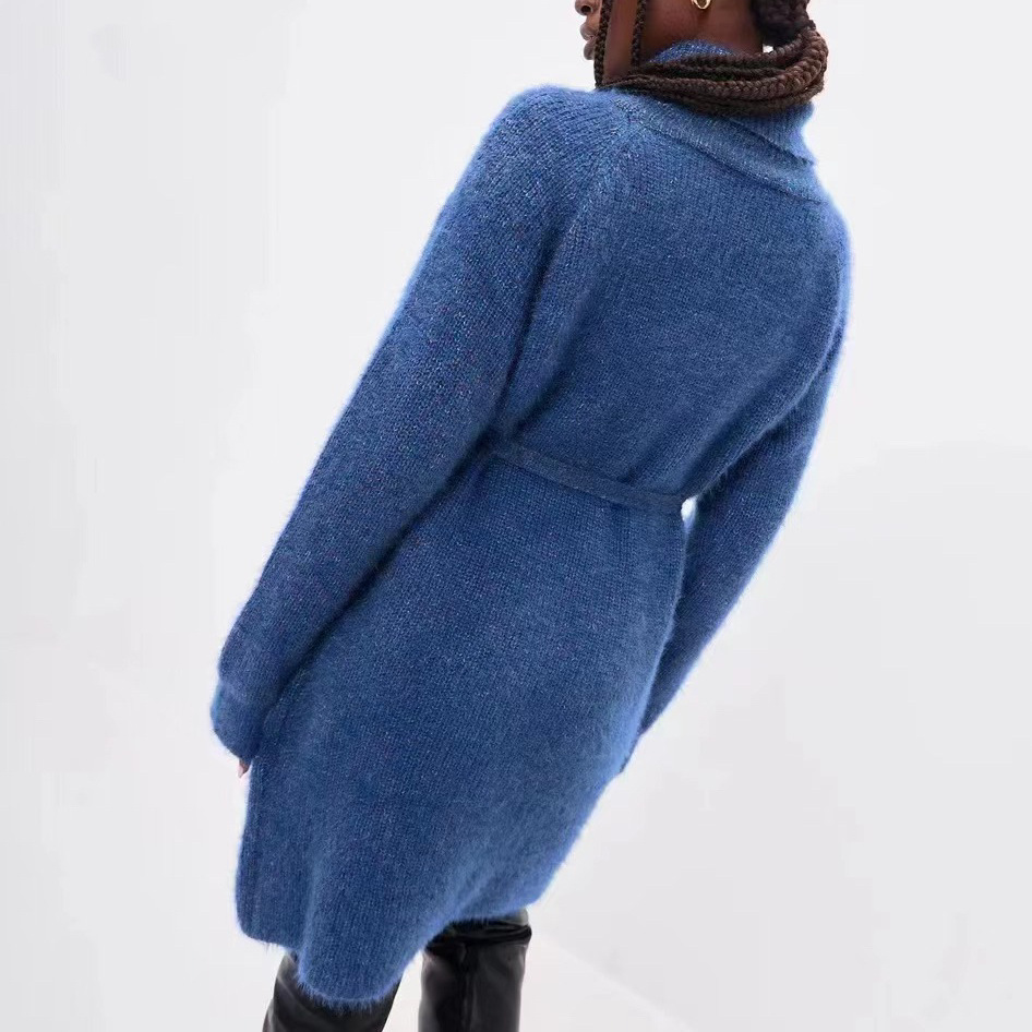 Women's mid to long length strap dress, solid color high neck pocket pullover knit sweater, women's 2024 autumn/winter new collection dongdu