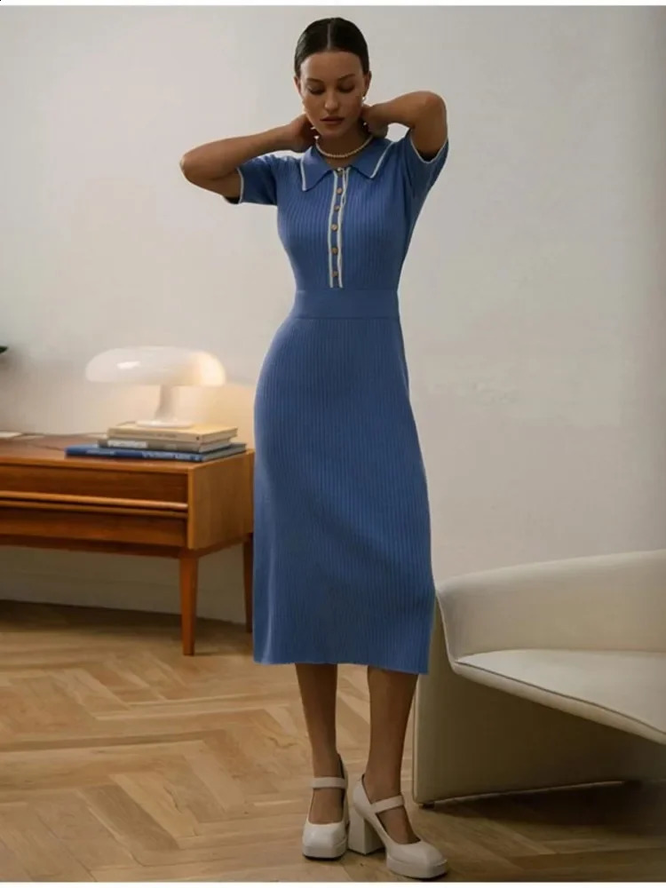 DAENERYS RES Elegant Casual Short Sleeve Bodycon Knitted Women Dress Polo Neck Button Midi Lady Contrast Slim Vestido 2024 240809