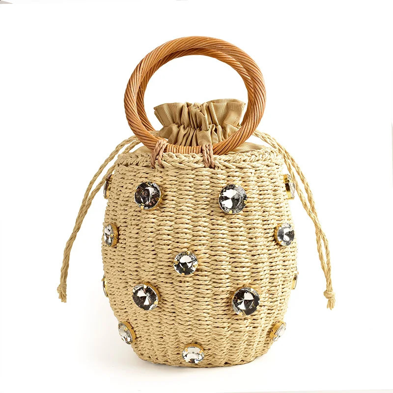 2023 Handmade Water Diamond Crystal Embossed Straw Bag Bucket Womens Travel Wallet Handbag Sac en Paille 240809Z