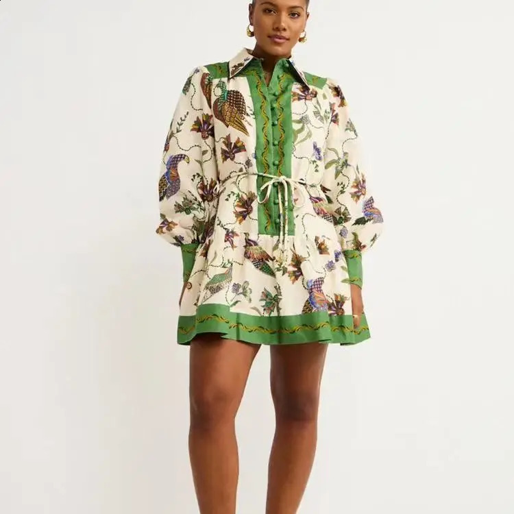 Long-sleeved Short Dress Flower Girl Floral Print Long-sleeved Lantern Sleeve Dress Lapel Graffiti Print Lace-up Dress For Women 240810