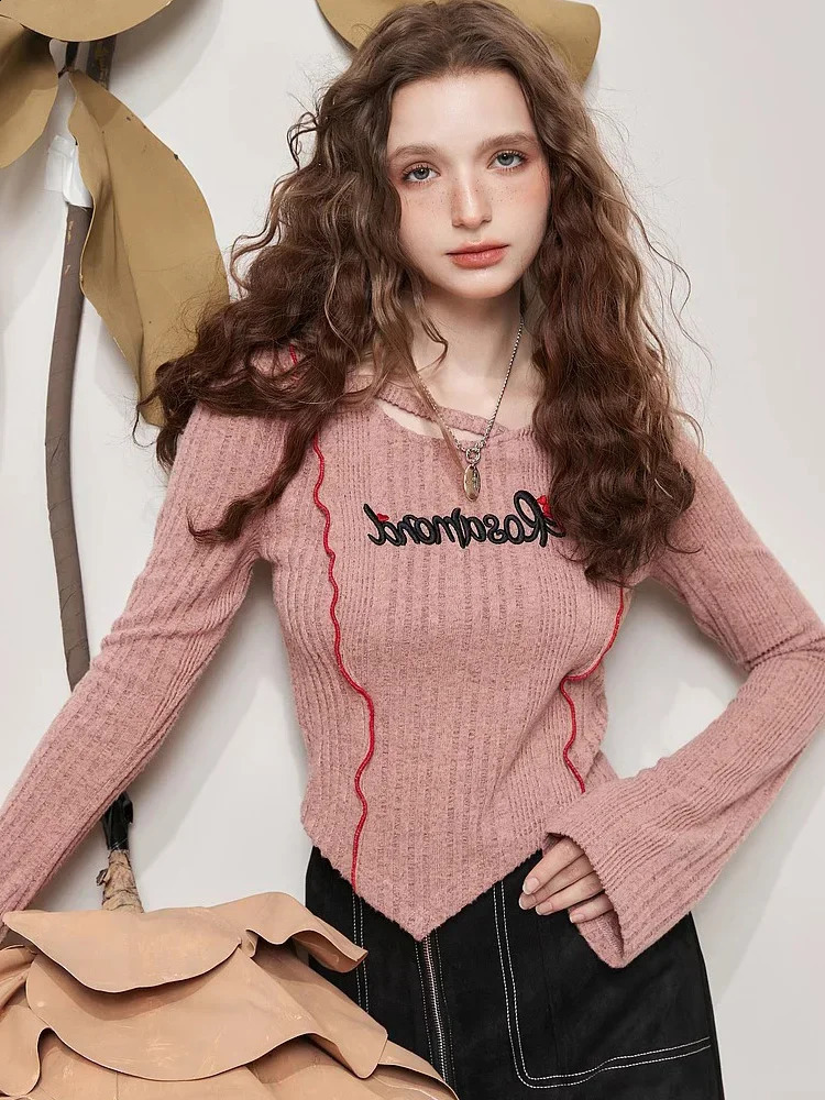 Womens Pink Pullover Knit Sweater Y2k Aesthetic Vintage Harajuku Elegant Long Sleeves Sweaters Fashion 2000s Clothes 240812