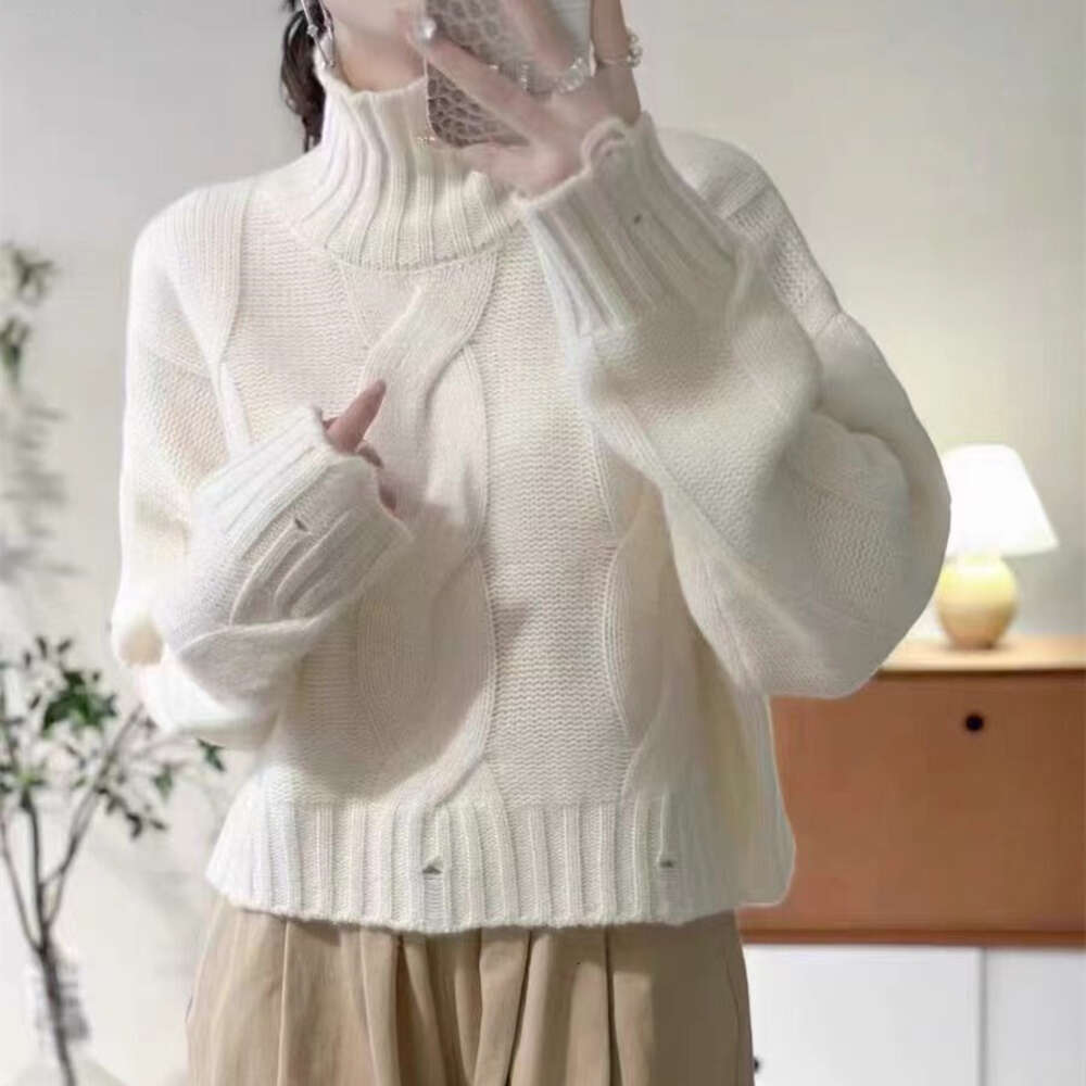 Wind Fried Dough Twists High Collar Pullover Sweater Autumn and Winter New Style Solid Color Broken Knit Undercoat for Women dongdumaoyi