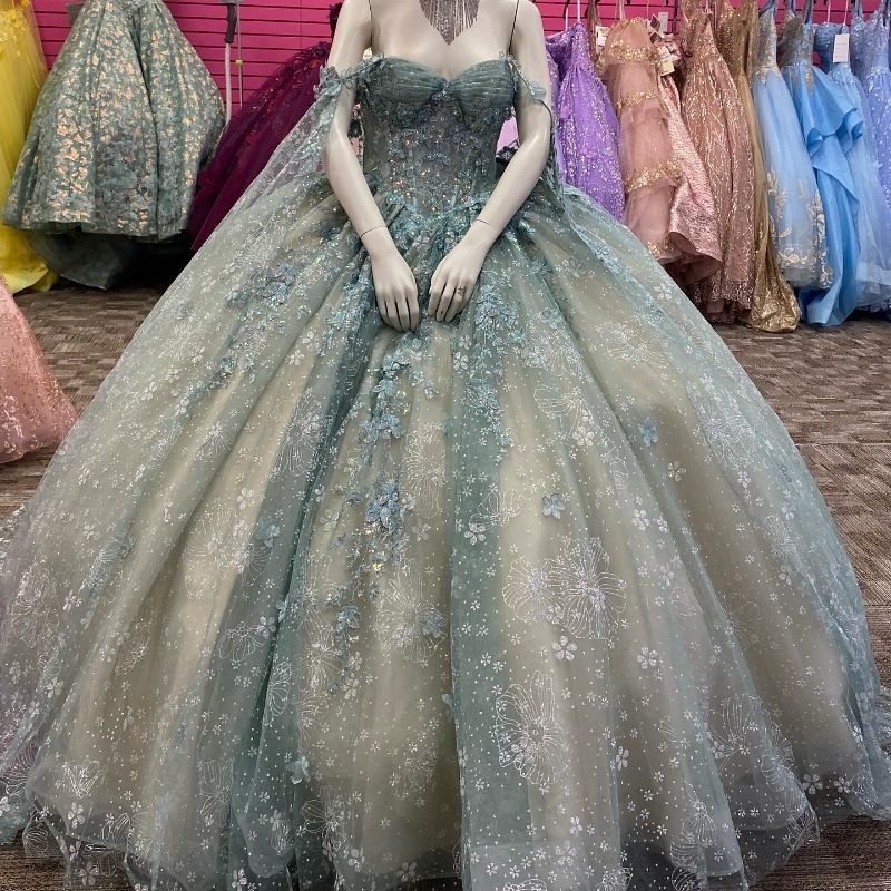 Luxury Light Green Quinceanera Dress Ball Gown Girls Beading Appliques Lace With Cape Birthday Party Sweet 16 Dress Vestidos 15 De