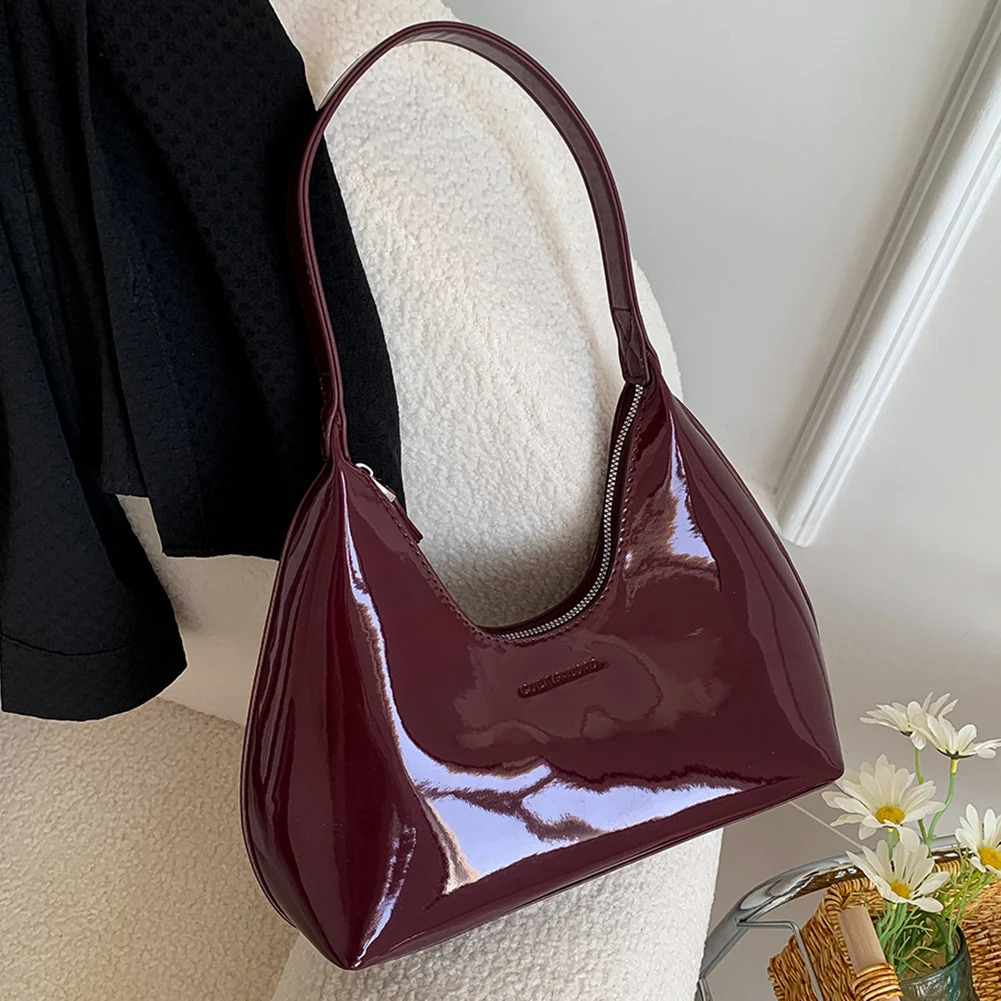 Retro Wine Red Shoulder Bags for Womens Patent Leather Fashion Crescent Bag 2024 French Small Handbag Ladies y251018