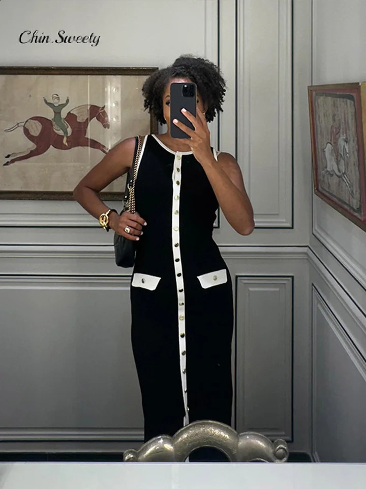 Fashionable Knitted Long Dress for Women Unique Comparison Sleeveless Single Chest ONeck Hip Set Womens Summer Robe 240809