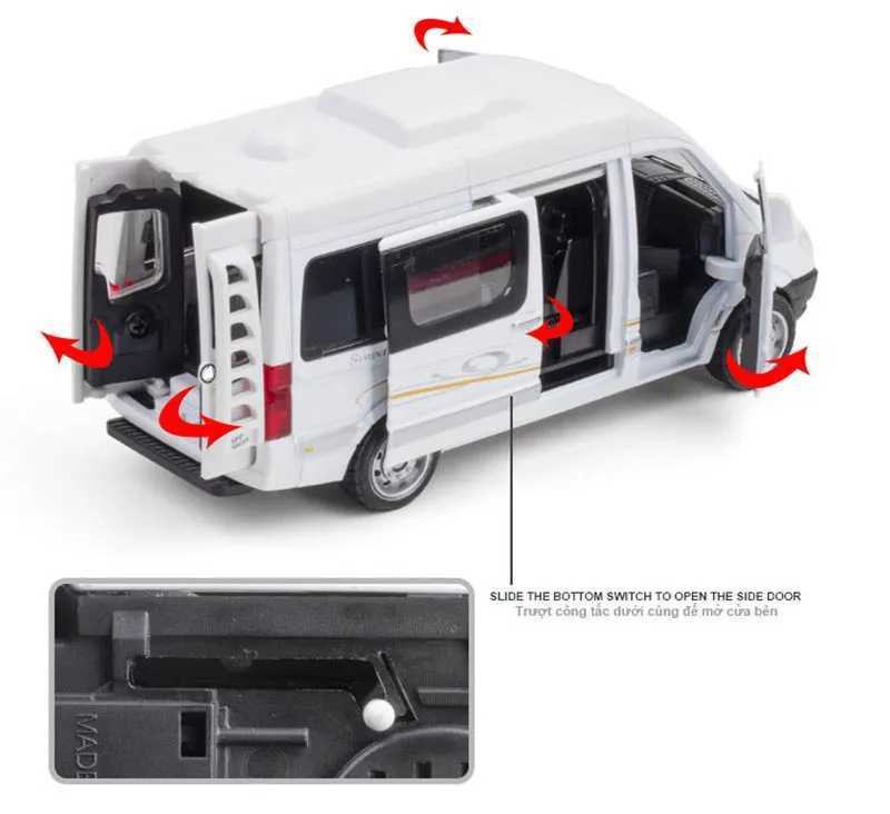1 32 Alloy Diecast Sprinter MPV Van Toy Car Pull Back Sound Light Doors Openable Collection Toys Vehicle Gift For Kid Y240809