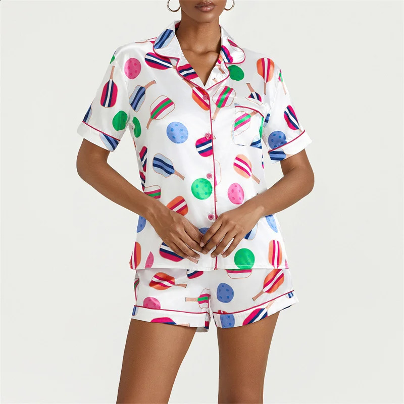 Print Y2k Silk Pajamas for Women Satin Cozy 2 Piece Printed Preppy Pjs Shorts Set Matching Pj Aesthetic Pajamas Shirts Sets 240810