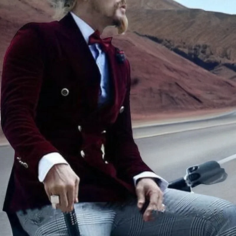 Velvet Smoking Jacket for Men Double Breasted Casual Suit Blazer Slim Fit 1 Pcs Burgundy Groom's Fashion Coat 2024