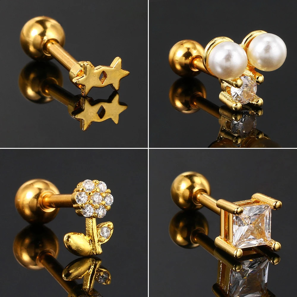 1pc Tragus Rook Piercing Earring Zircon Flower Dangle Chain Stud Helix Lobe Ear Cartilage Accessories Gold Color Women Jewelry 240807