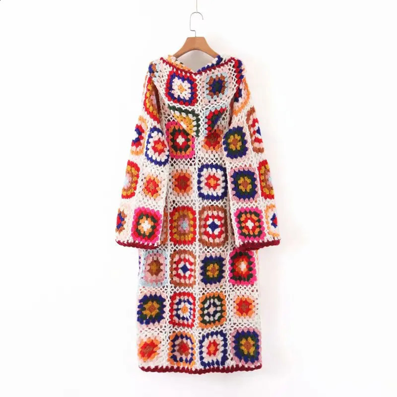 AYUALIN Boho Ethnic Floral Crocheted Knit Sweater Coat Retro Embroidery Chic Oversize Hooded Coats Mohair Women Sweaters 240809