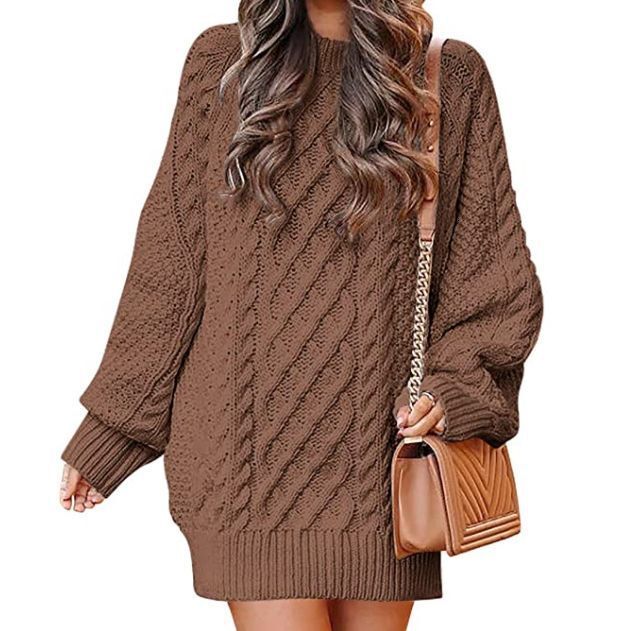 Women's round neck long sleeved large silhouette twisted flower knitted thick needle pullover, medium length warm sweater, women's dress don