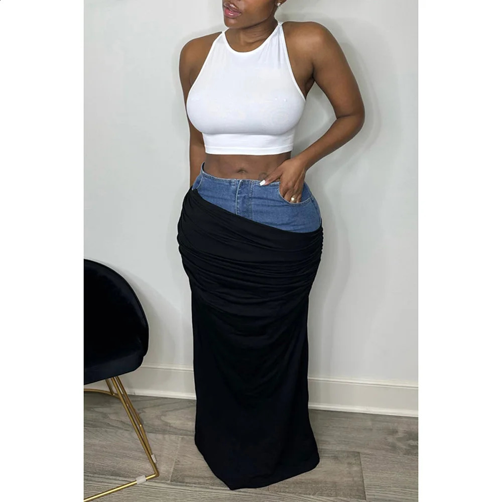 Plus Size Womens Skirts Four Seasons Black Casual Denim Stitching Pleated Comfortable and Fashionable Skirt 240810