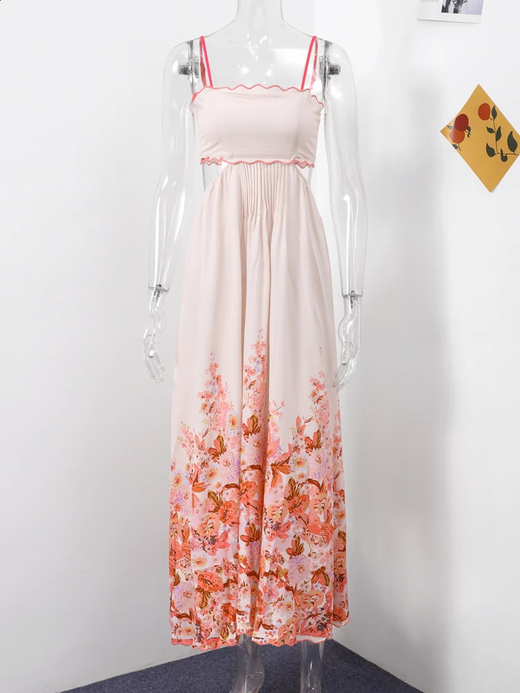 Elegant Print Hollow Out Sling Long Dress Women Sexy Sleeveless Backless Bandage Female Dresses Summer Lady Holiday Robes 240810