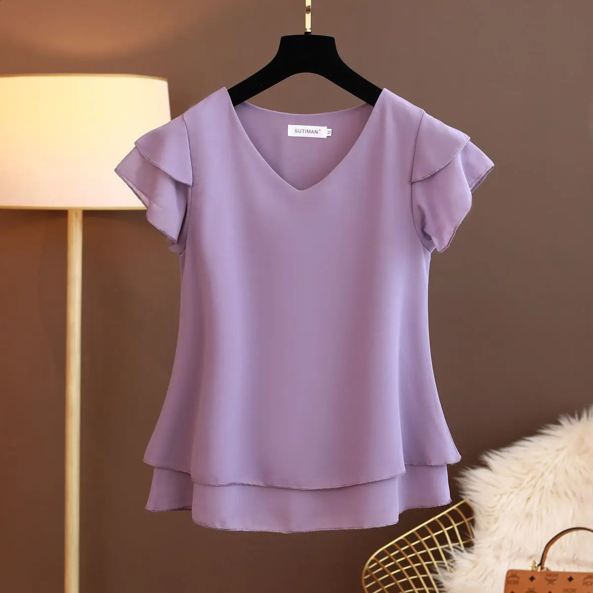 2024 Summer Womens Vneck Chiffon Shirt Loose Short sleeved Oversized Top Blusas Mujer De 240809