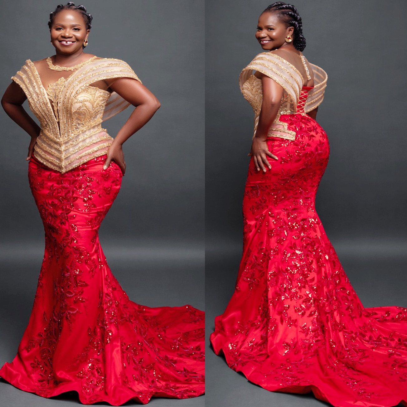 2024 Plus Size Red Mermaid Prom Dress Lacefull Promdress Sheer Neck Evening Formal Party Second Reception Birthday Engagement Gowns Dresses Zj664 0912