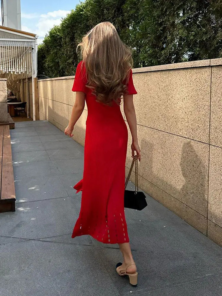 Contrast Single Breasted Knitted Dress For Women Elegant Lapel Short Sleeve Hollow Out Dresses Chic Female High Street Vestidos 240816