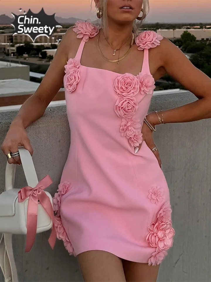 Pink 3d Flower Solid Slim Mini Dress For Women Sexy Squar Collar Strap Sleeveless Vestidos Fashion Ladies Streetwear Robe 240810