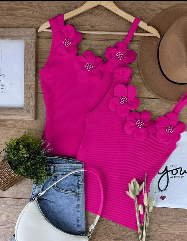 Womens 2024 Summer Fashion Flower Pattern Bead Decoration Casual UNeck Plain Sleeveless Tight Set Daily Knitted Tank Top 240809