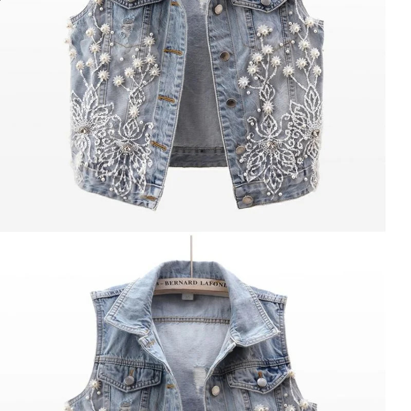 Women Denim Vest 2024 Pearls Fashion Ripped Autumn Jeans Jacket Sleeveless Loose Short Coat Causal Waistcoats Outwear Tops 240813
