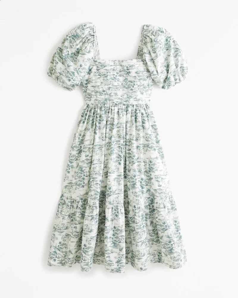 Summer Fashion Printed Dress Women Causal Beach Style Puff Sleeve High Waist A-line Dress Women 240810