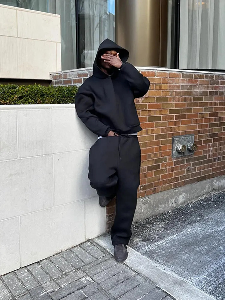 Casual Solid Hooded Sweatshirt and Sweatpants 2-Piece Set for Men's Autumn Jogging in Cozy Cotton Blend