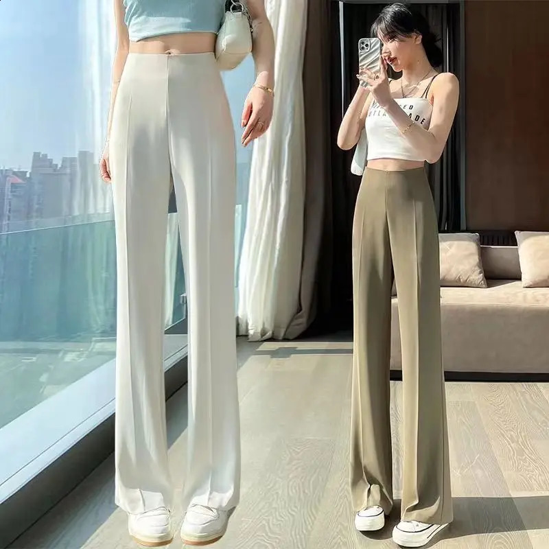 Summer Womens Suit Pants Sexy Straight Trousers Womens Fluid Silk High Waist Korean Style Fashion Elegant Casual 240809CJ