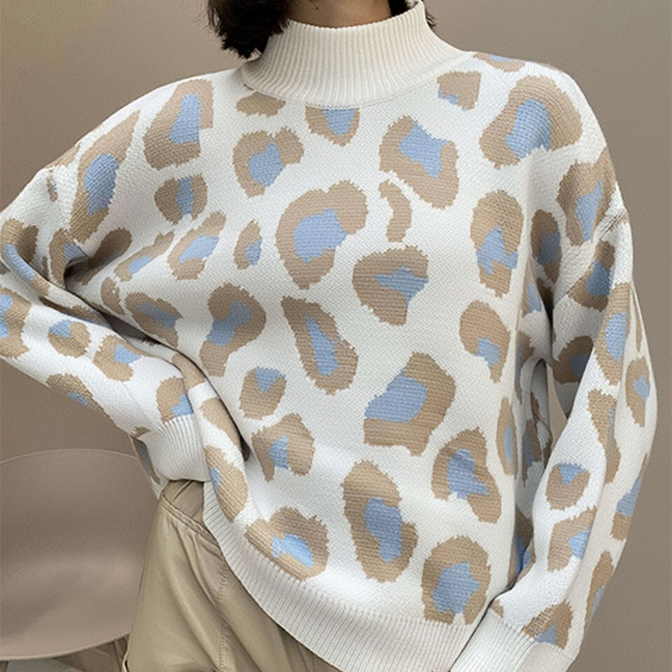 Wind style semi high neck top leopard print loose knit sweater long sleeved autumn/winter pullover, versatile jacquard fashion for outerwear dongdumao