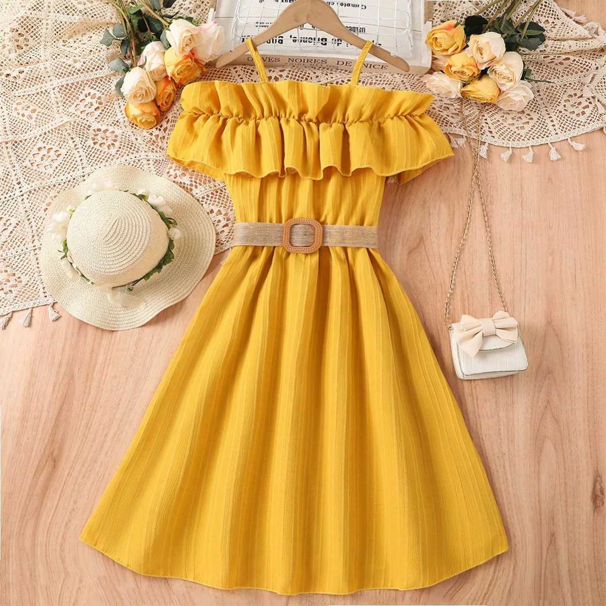 Girls casual dress single line shoulder strap patchwork lace dress childrens clothing girls aged 8 to 12 princess dress W250326